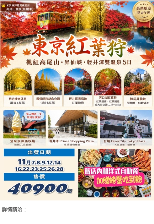 🍁東京紅葉狩～楓紅高尾山 昇仙峽 輕井澤雙溫泉5日